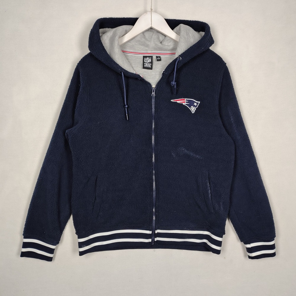 New England Patriots Full Zip Fleece Hoodie Navy Blue Mens Large